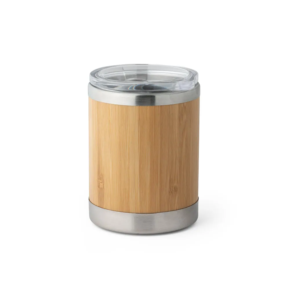 LYCKA. Copo de viagem térmico em aço inox e bambu, de parede dupla isolada a ar e fecho deslizante (350 mL) - Thumbnail 4