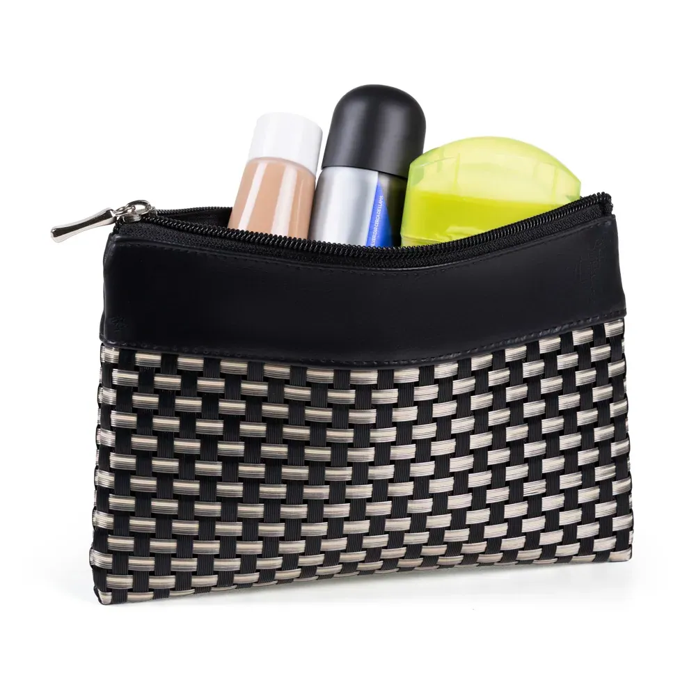 Necessaire Em Pvc E Material Sintético - Preto / Xadrez Bege - 19X14 Cm