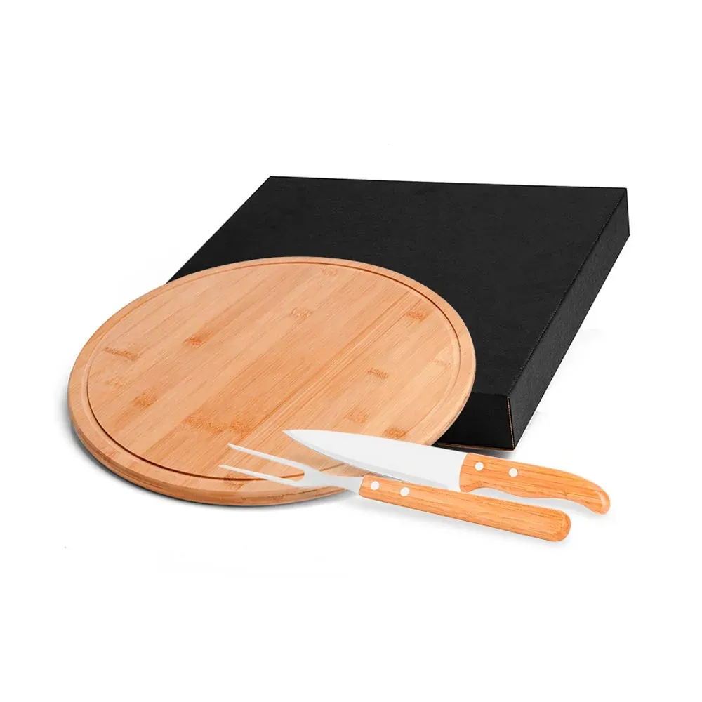 Conj. Para Pizza E Churrasco Em Bambu/Madeira/Inox - 35Cm - 3 Pçs
