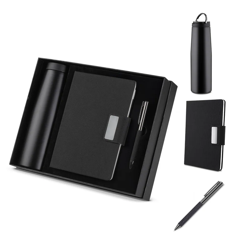 Kit escritório Caderno, Garrafa e Caneta Metalica