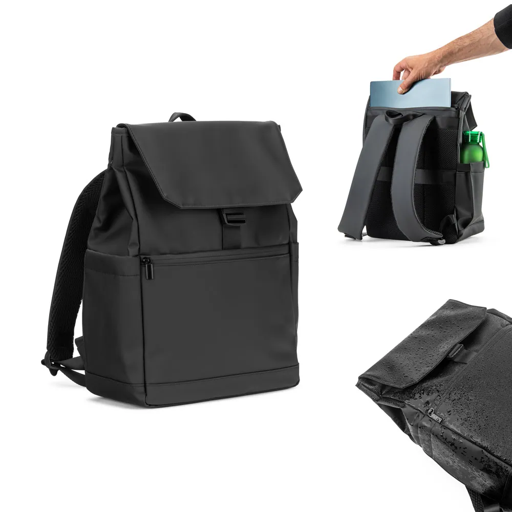 AZORES BAG. Mochila para notebook (16") em PU, com pala que cobre todos os compartimentos