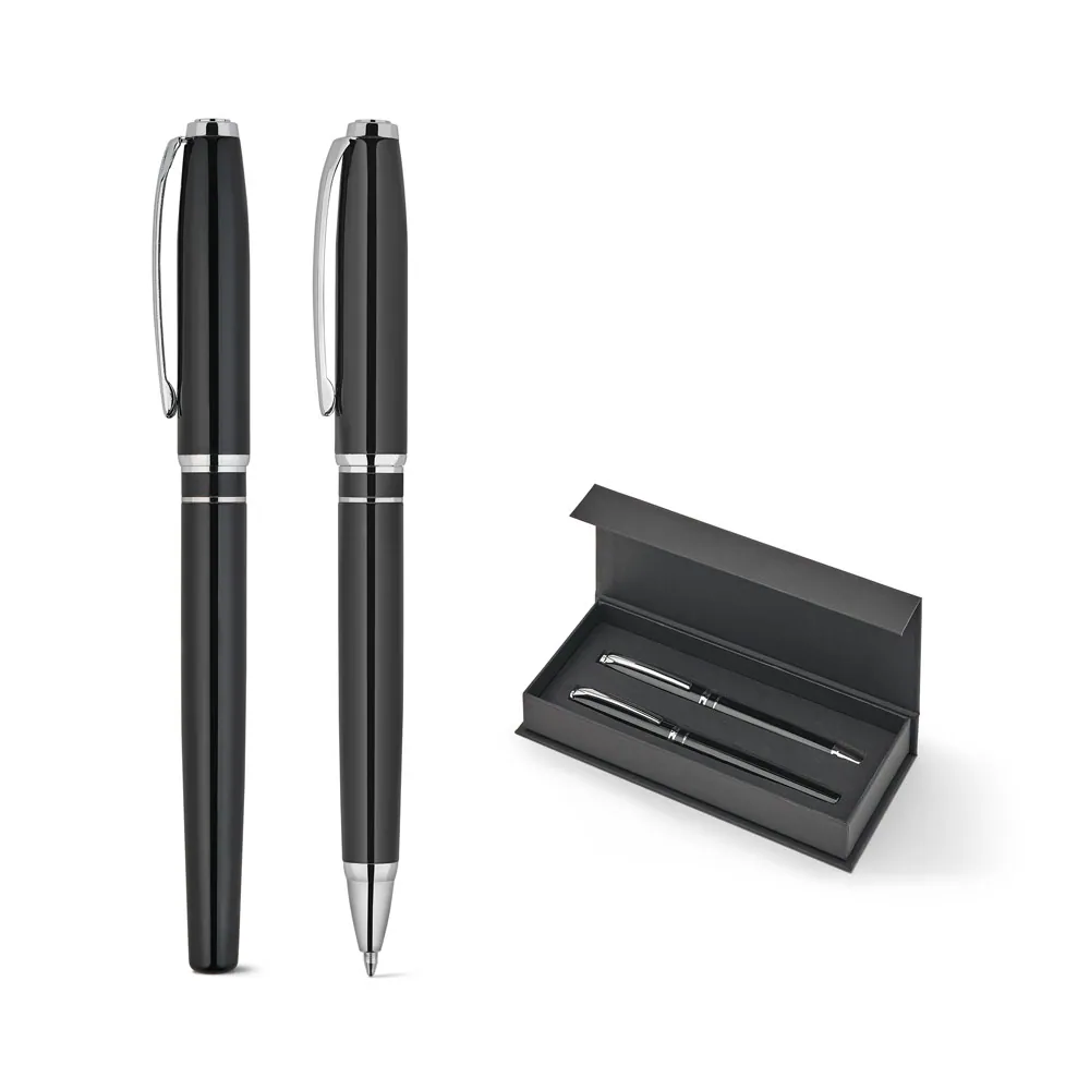 SARAMAGO. Set premium composto por 1 caneta esferográfica e 1 caneta roller em cobre e aço inox, com escrita em azul