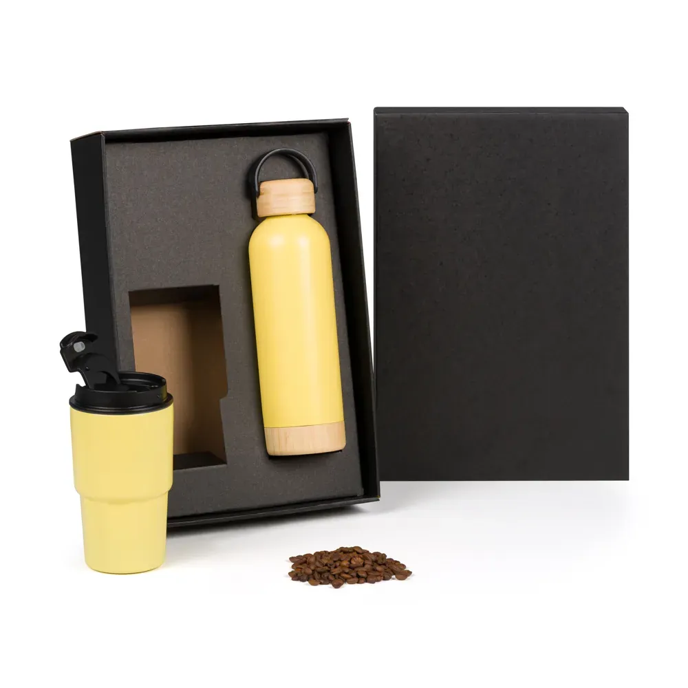 Kit Garrafa Parede Dupla E Copo Térmico - Amarelo - 2 Pçs