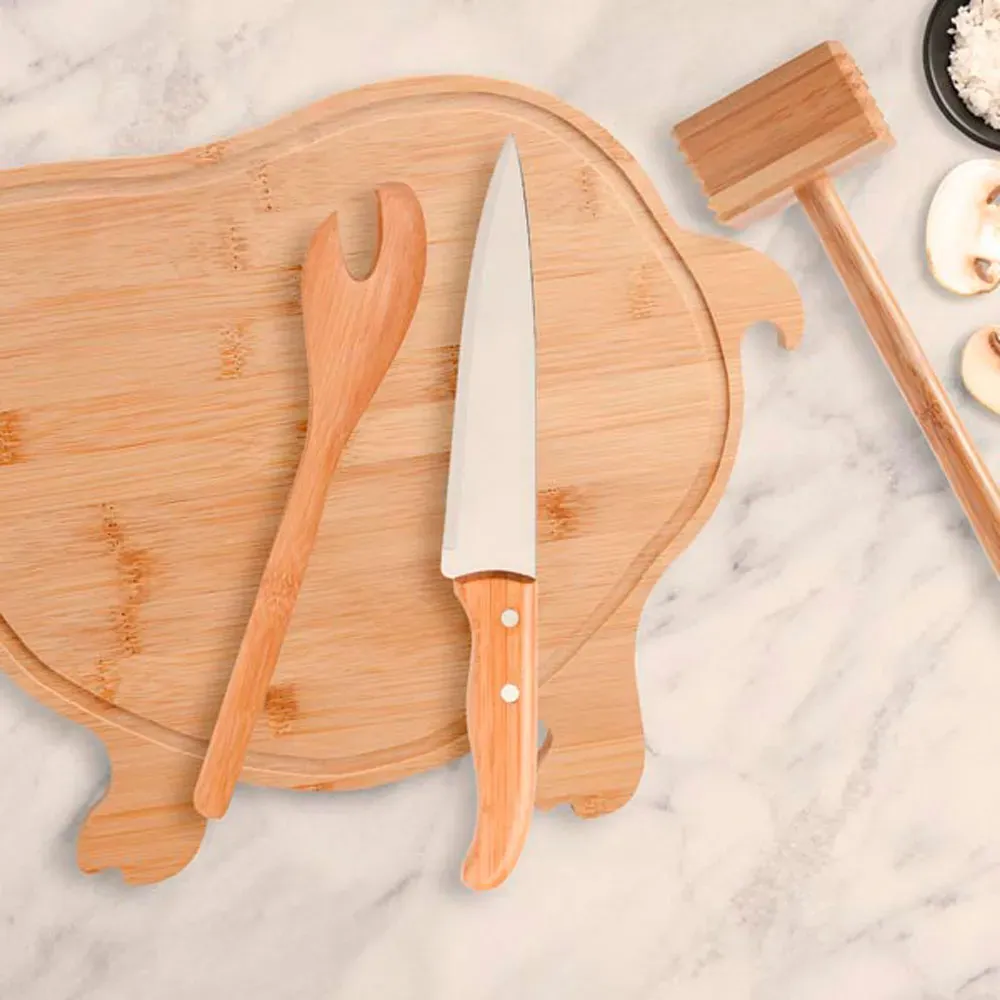 Kit Para Cozinha Em Bambu Com Tábua Formato Porco - Thumbnail 3