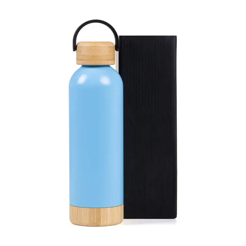 Garrafa Parede Dupla Com Detalhes Em Bambu - Azul - 500 Ml