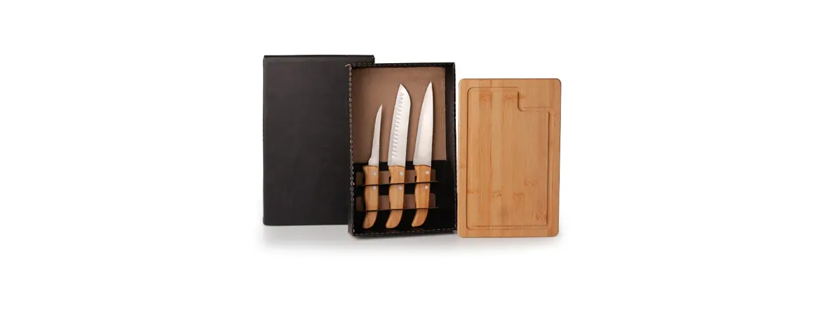 Kit Para Churrasco/Cozinha Em Bambu / Madeira / Inox - 4 Pçs