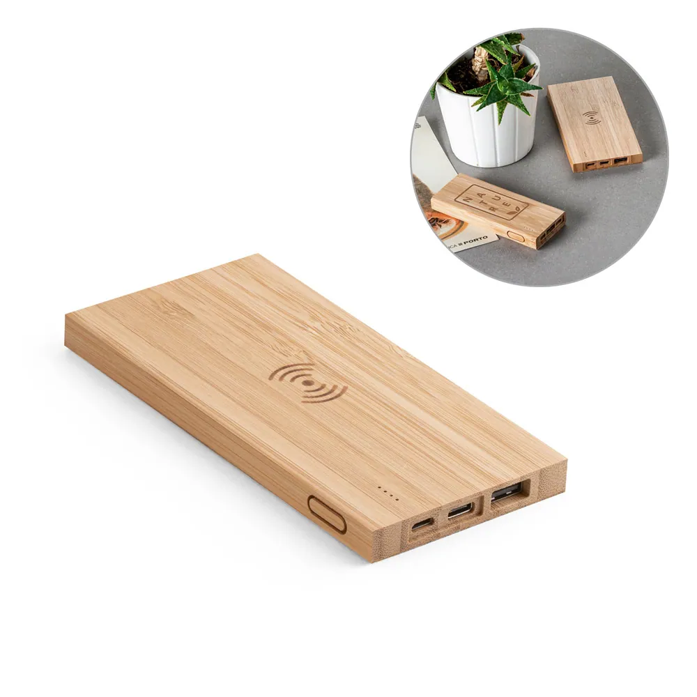 FITCH ECO. Bateria portátil com carregador por indução (wireless) super-rápido em bambu (5.000 mAh)