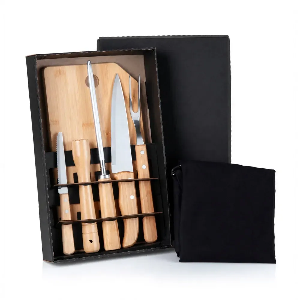Kit Para Churrasco Em Bambu / Madeira / Inox Com Avental- 8 Pçs