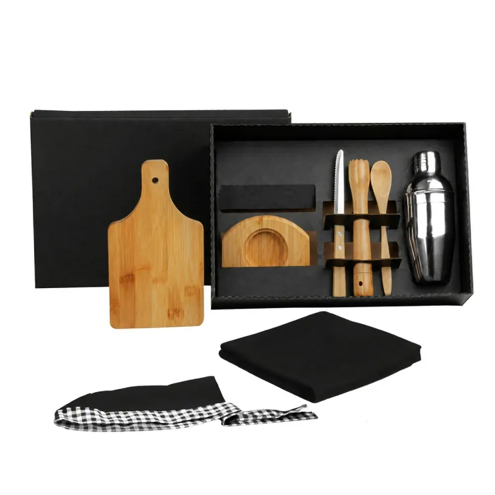 Kit Para Caipirinha Em Bambu / Madeira Com Avental E Bandana - 0,35 L - 8 Pçs