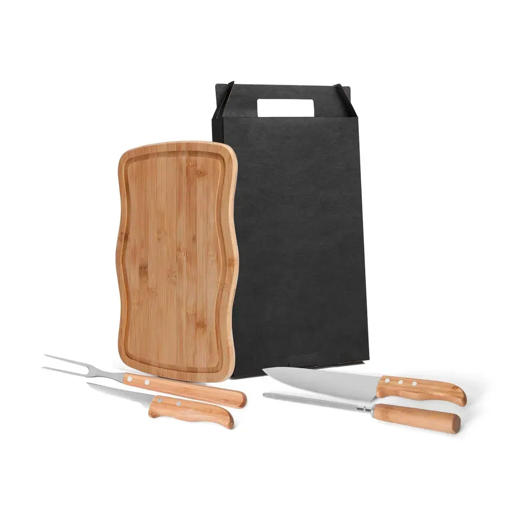 Conj. Para Churrasco Em Bambu / Madeira / Inox - 5 Pçs