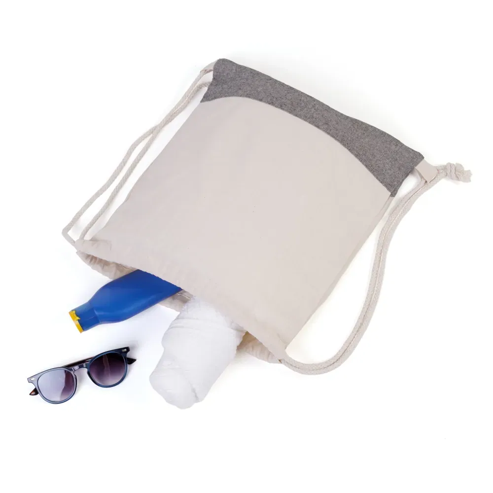 Mochila Sacola Em Algodão Reciclado - Bege Natural / Melange Cinza - 37X41Cm - Thumbnail 4