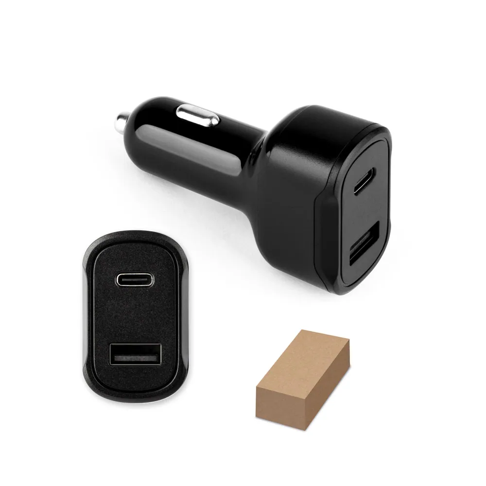 DIRAC. Adaptador de isqueiro com porta USB-A 18W e USB-C 20W em ABS 100% reciclado