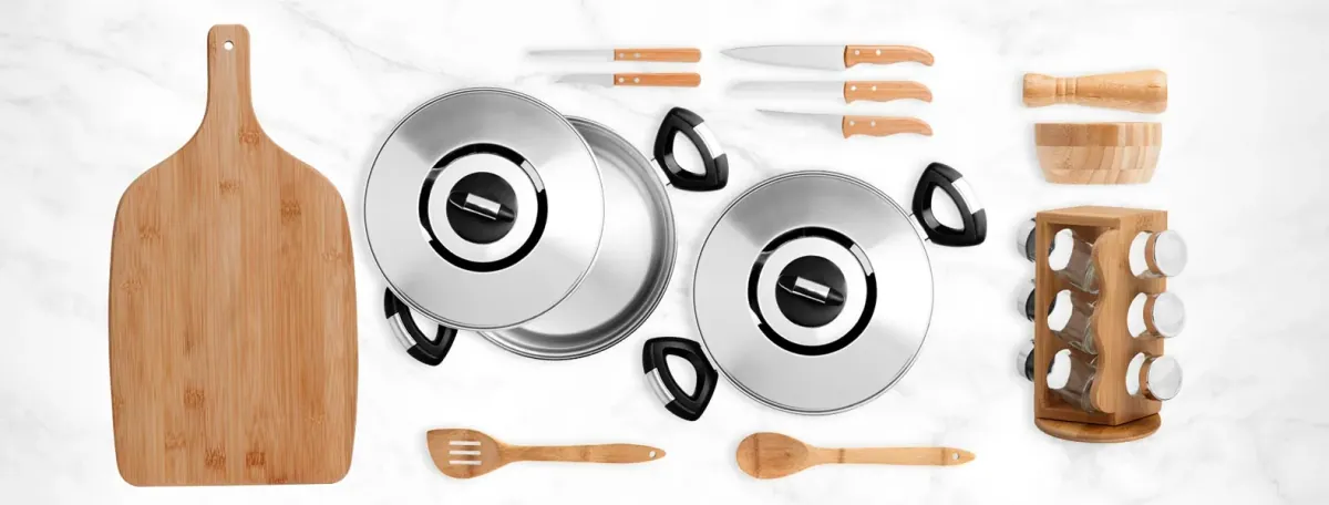 Kit Para Cozinha Em Bambu / Madeira / Inox - 18Pçs - Thumbnail 2