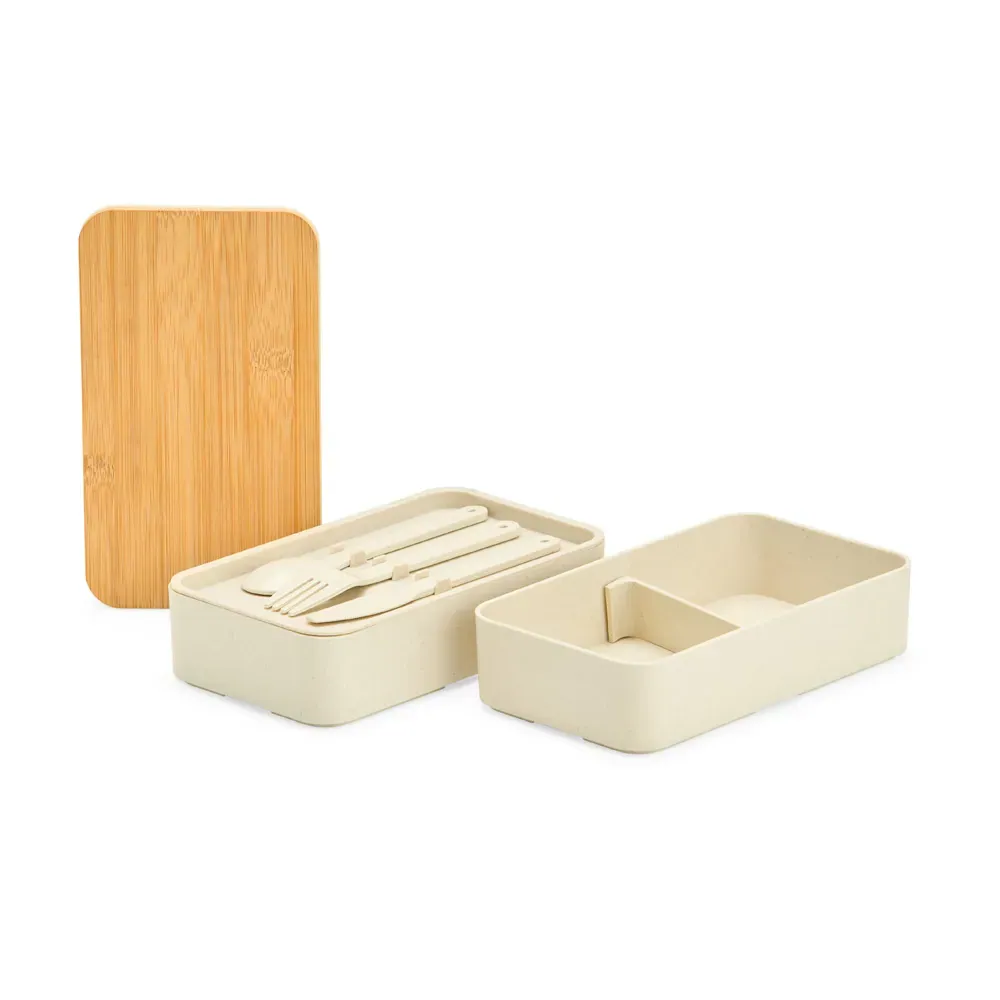 Marmita Dupla Em Fibra De Trigo/Bambu C/ Talheres - 18,5X10,5X9,2 Cm