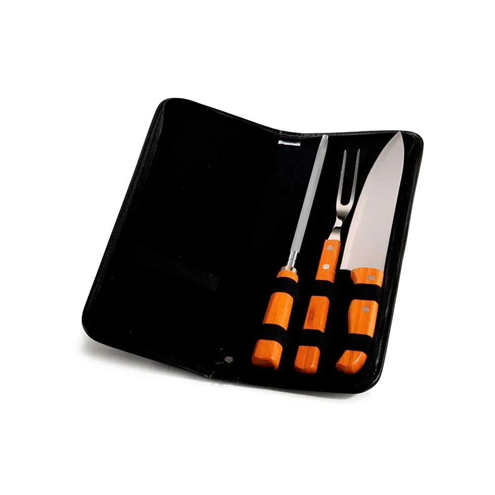 Conj. Garfo, Faca E Chaira Em Bambu / Madeira / Inox Com Estojo - 4 Pçs